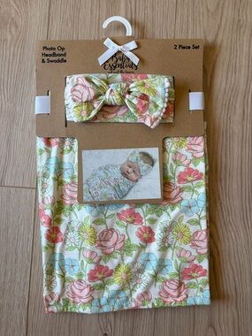 Baby Essentials Floral Headband & Swaddle Set - Cream, Pink, Green, Blue